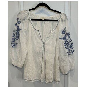 Max Studio White Peasant Blouse L with Blue Floral Embroidery Boho EUC